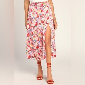 Lulu's Floral Midi Skirt in Red, Pink, Blue and Yellow